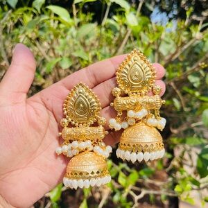 Gold and Cream Jhumka Earrings